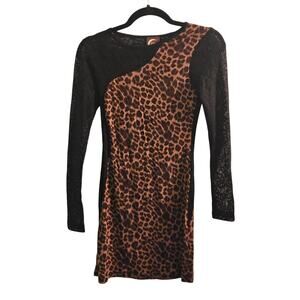 BLU MOON Leopard Print & Black Lace Long Sleeve Bodycon Mini Dress Est Small